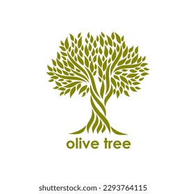 Olive tree symbol or icon. Organic vegetarian product, mediterranean food and farm garden vector symbol. Agriculture company, olive oil production icon or emblem with old twisted tree