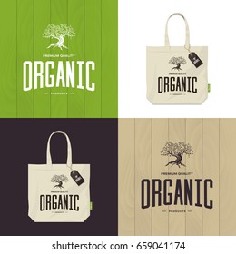 Olive tree vector logo concept isolated on green, white and brown background. Organic product emblem design set. Premium quality burlap shopping ecological bag and wood texture illustration mockup.