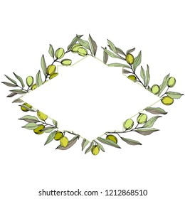 Olive tree in a vector style isolated. Green engraved ink art. Frame border ornament square. Vector olive tree for background, texture, wrapper pattern, frame or border.