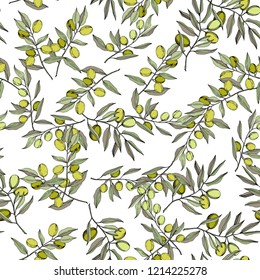 Olive tree in a vector style isolated. Green engraved ink art. Seamless background pattern. Fabric wallpaper print texture. Vector olive tree for background, texture, wrapper pattern, frame or border.