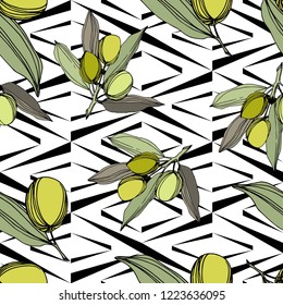 Olive tree in a vector style isolated. Green engraved ink art. Seamless background pattern. Fabric wallpaper print texture. Vector olive tree for background, texture, wrapper pattern, frame or border.