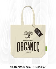 Olive Tree Vintage Logo Concept Isolated On White Wooden Background Mock-up. Web Infographic Organic Product Tree Pictogram. Premium Quality Burlap Shopping Eco Bag With Tree Logo Illustration Mockup.