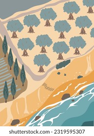 Olive trees plantation above the sea. Italian or Greek rural landscape. Top view vector flat illustration, vertical background