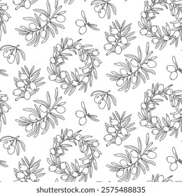 Olive twig pattern, outline. Twigs, a wreath of fruits. Seamless illustration on a white background. An environmentally friendly product with olive oil content. the symbol of a natural product