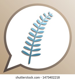 Olive twig sign. Bright cerulean icon in white speech balloon at pale taupe background. Illustration.