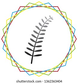 Olive twig sign. Vector. Black icon with patch of light inside colorful hexagonal frames at white background.