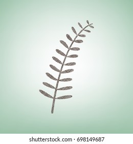 Olive twig sign. Vector. Brown flax icon on green background with light spot at the center.
