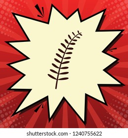 Olive twig sign. Vector. Dark red icon in lemon chiffon shutter bubble at red popart background with rays.