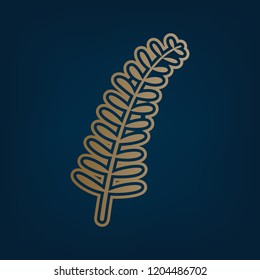 Olive twig sign. Vector. Golden icon and border at dark cyan background.
