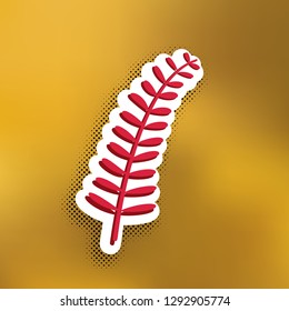 Olive twig sign. Vector. Magenta icon with darker shadow, white sticker and black popart shadow on golden background.