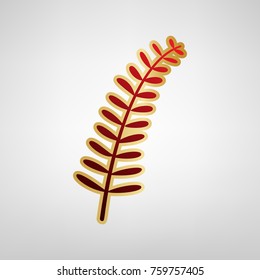 Olive twig sign. Vector. Red icon on gold sticker at light gray background.