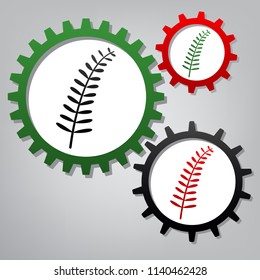 Olive twig sign. Vector. Three connected gears with icons at grayish background.