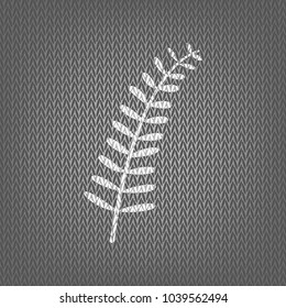 Olive twig sign. Vector. White knitted icon on gray knitted background. Isolated.