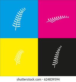 Olive twig sign. Vector. White icon with isometric projections on cyan, magenta, yellow and black backgrounds.