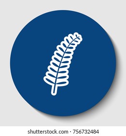 Olive twig sign. Vector. White contour icon in dark cerulean circle at white background. Isolated.