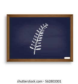Olive twig sign. White chalk icon on blue school board with shadow as background. Isolated.