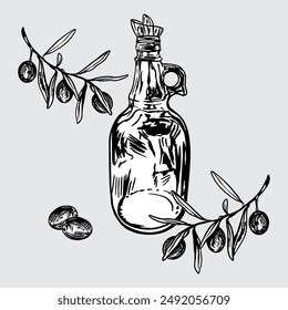 Olive twigs, glass bottle of oil, fruits. Hand drawn vector illustration in graphic style. For oil labels, cosmetics, banners, cards, posters, flyers.