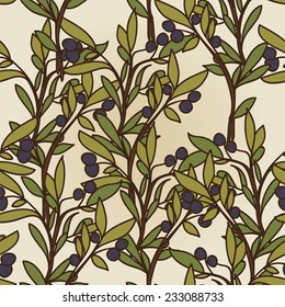 olive twigs seamless texture, olive fruit and foliage on seamless background, vector illustration