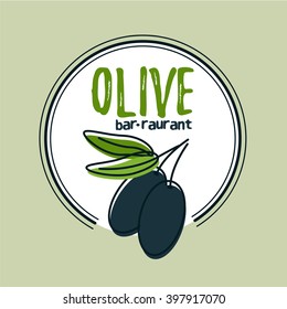 Olive vector corporate identity logo design. Minimalistic logotype for restaurant or bar with leaves and text