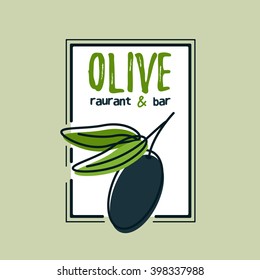 Olive vector corporate identity logo design. Minimalistic logotype for restaurant or bar with leaves and text