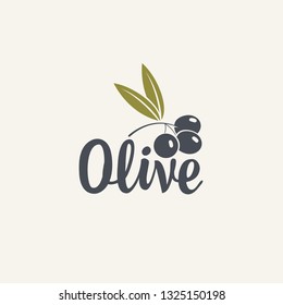 Olive vector icon or logo isolated on the light background. Badge for eco production of olives or fresh oil. Vector olive branch with leaf and drupe for cosmetics, medicine and cooking