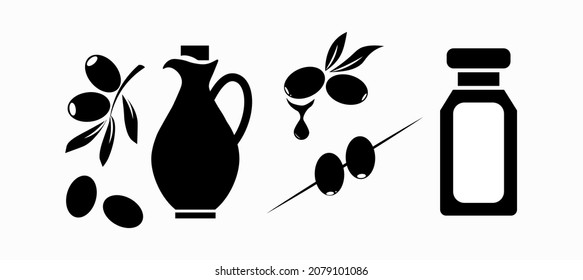 Olive vector icon, oil bottle . Mediterranean olive fruits, leaf branch, black silhouettes isolated on white background.