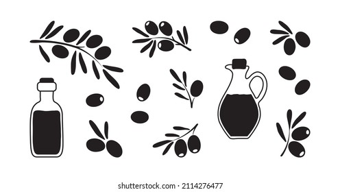 Olive vector icon, oil bottle and leaf tree, black cooking set isolated on white background. Food illustration