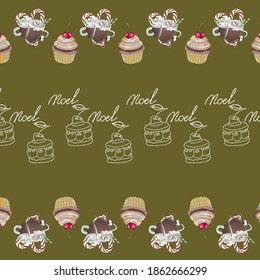 Olive vector illustration  background with milkshakes and muffins 