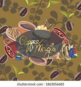 Olive Vektorgrafik-Karte mit Tassen Kaffee, Cupcakes und Aufschrift "Magischer Kaffee"