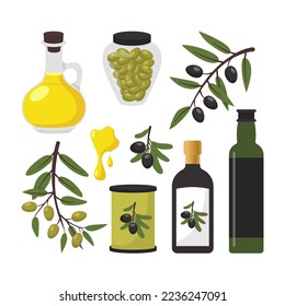 Olive vector illustration set. Black and green olive tree branches, glass bottle and jug of oil, bowl, jar, and cans. Vector illustration isolated on background for healthy food or cooking concept