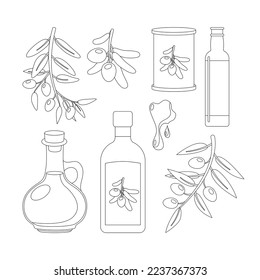 Olive vector outline set. Black and green olive tree branches, glass bottle and jug of oil, bowl, jar, and cans. Vector illustration isolated on background for healthy food or cooking concept