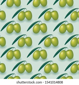  Olive vector realistic branch seamless pattern.Green olives branch. 1