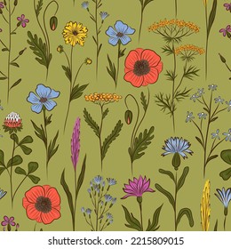 OLIVE VECTOR SEAMLESS BACKGROUND WITH MULTICOLORED WILDFLOWERS
