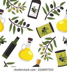 Olive vector seamless pattern. Black and green olive tree branches, glass bottle and jug of oil, bowl, jar, and cans. Vector illustration isolated on background for healthy food or cooking concept