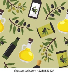 Olive vector seamless pattern. Black and green olive tree branches, glass bottle and jug of oil, bowl, jar, and cans. Vector illustration isolated on background for healthy food or cooking concept