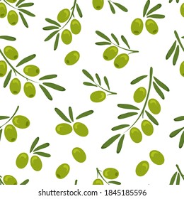 Olive vector seamless pattern with branch green olives and leaves, hand drawn. Organic illustration