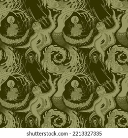 OLIVE VECTOR SEAMLESS PATTERN WITH DIFFERENT PHANTASMAGORIC SCARY CREATURES OF THE ANIMAL AND AQUATIC WORLD