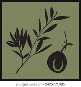 Olive Vector Silhouette, Leaves Branch Silhouette And Simple Olive Icon, Logo, Label