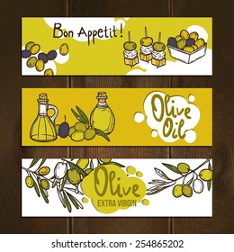 Olive vegetable and oil hand drawn horizontal banners set isolated vector illustration