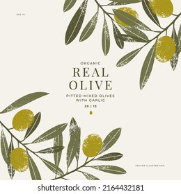 Olive vintage design template. Olive leaves and branches packaging design. Vector illustration