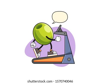 Olive walking on treadmill with speech bubble cartoon. Mascot Character vector.