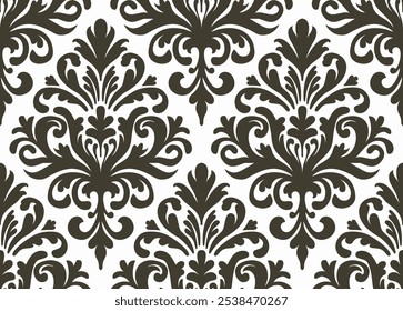 Padrão de damasco azeitona e branco com elegantes motivos florais. Padrão sem emenda Damask.