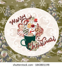 Olive winter pattern card with cookies and inscription 'Merry Christmas'