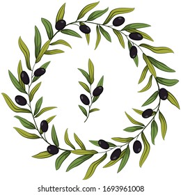 Olive wreath; wreath with black olives for greeting cards, invitations, posters, banners, wedding cards, web design. Vector illustration.
