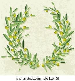  Olive wreath in the grunge background. Olive and olive tree branches with empty copyspace.