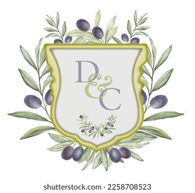 Olive Wreath Monogram Crest. DC Initial Watercolor Olive Monogram Crest for Printing. 