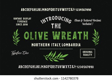 "Olive Wreath". Original handmade alphabet. Vintage font design and poster. Custom typeface. Clean & Textured Versions Included. Vector.