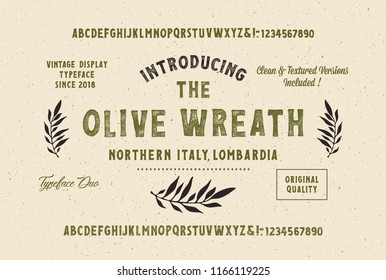 "Olive Wreath". Original handmade alphabet. Vintage font design and poster. Custom typeface. Clean & Textured Versions Included. Vector.