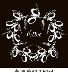Olive wreath is painted by hand in vintage style. White on black background. Natural product. Illustration in a graphical style sketch. Vector