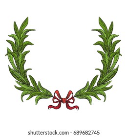 Olive wreath is painted by hand in vintage style. Natural product. Illustration in graphic style sketch. Vector illustration